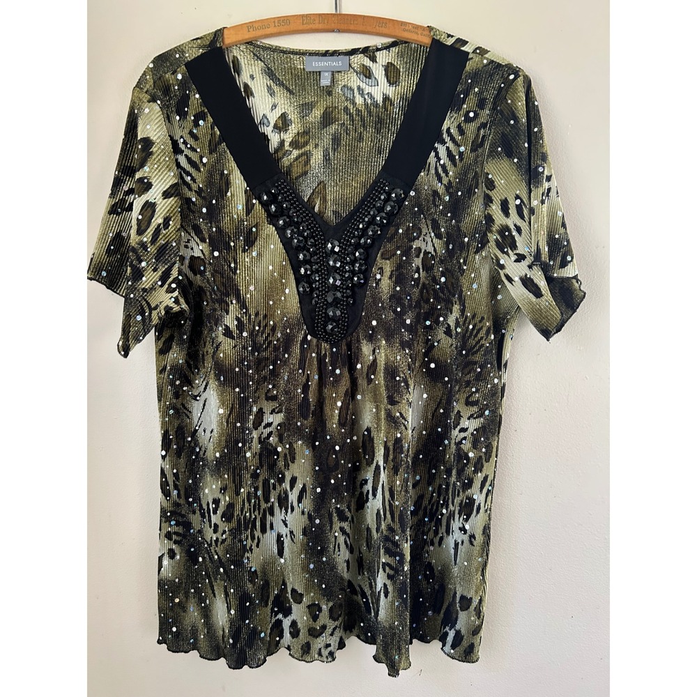 y2k Essentials Leopard Print Beaded Top Plus Womens 1X Sequins‎ IndieSleeze